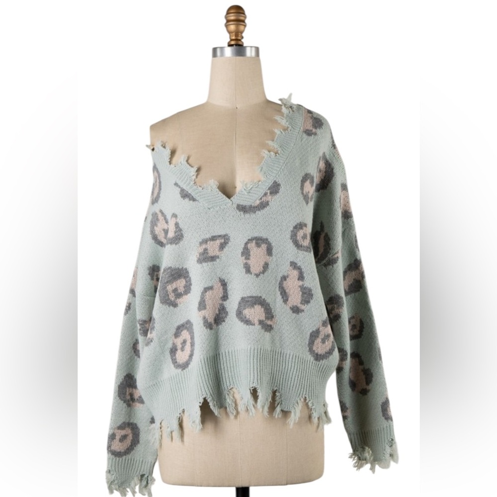 Miracle Mint Animal print V-Neck Long Sleeve Sweater